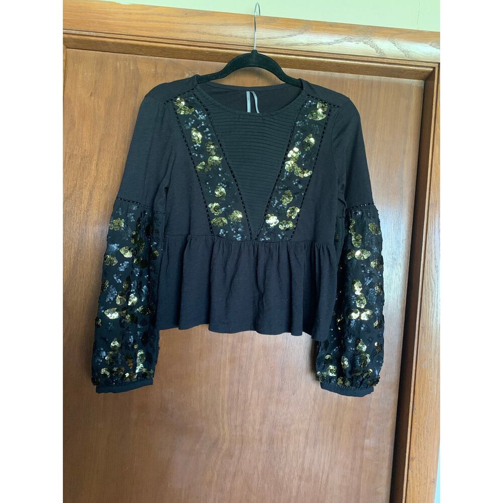Anthropologie XS Black Sequin Peplum Top Boho Long Sleeve Party Blouse